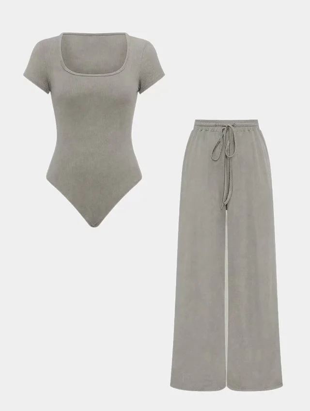 Small Sunken Stripe Jumpsuit Fashion Two piece Set Women's Clothing Light Gray - Shop at LoveMi