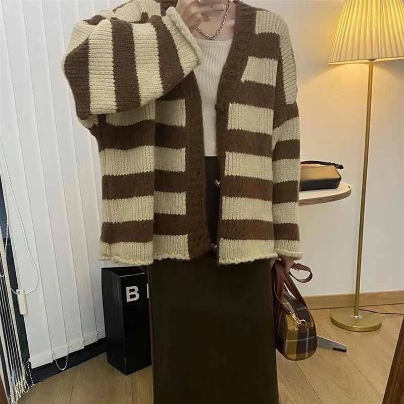 Plus Size Thick Needle Striped Sweater Cardigan Brown - Shop at LoveMi