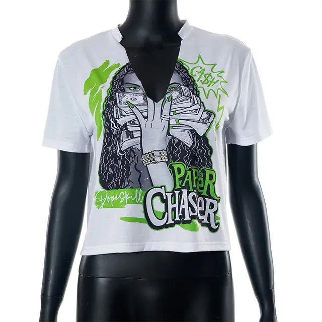 Women's Sexy Deep V Printed Short sleeved Cropped T shirt White - Shop at LoveMi