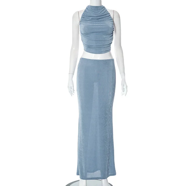 Women's Solid Color Casual Sleeveless Strap Vest Slim Long Skirt Set Gray Blue - Shop at LoveMi