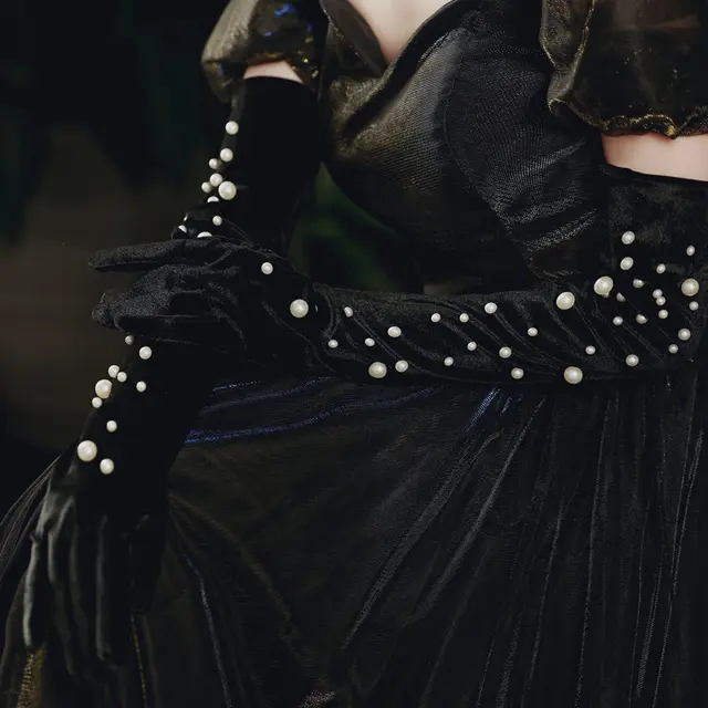 Black Satin Fabric Gloves Long Bag Finger Evening Dress Banquet Photography Jewelry Hepburn Style Black Velvet Pearl Gloves 55Cm - Shop at LoveMi