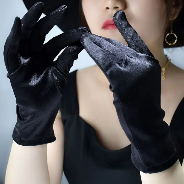 Black Satin Fabric Gloves Long Bag Finger Evening Dress Banquet Photography Jewelry Hepburn Style Short And Simple Gloves Black - Shop at LoveMi