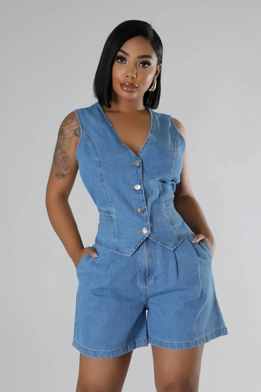 Fashion Casual Sleeveless High Waist Women's Denim Shorts Suit - Blue