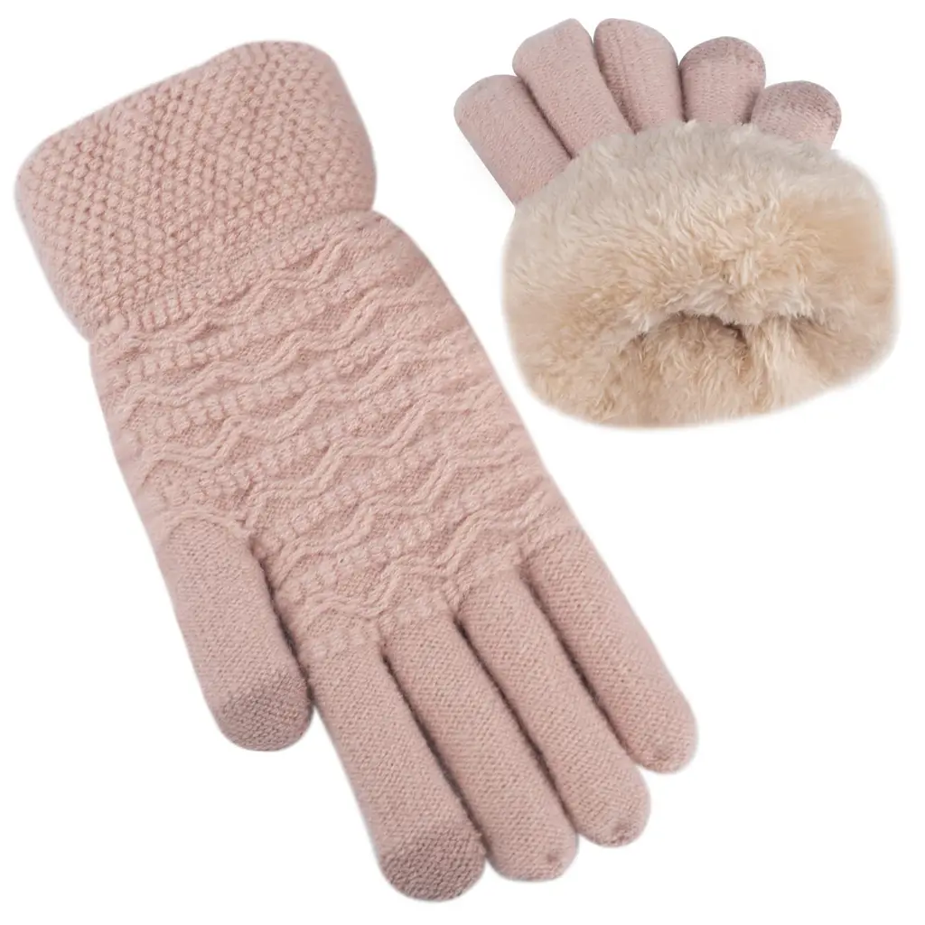 Women's Wave Patterned Double-layer Velvet Thickened Knitted Gloves - Pink
