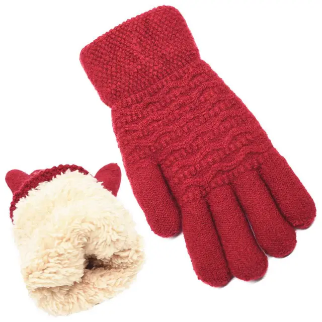 Women's Wave Patterned Double layer Velvet Thickened Knitted Gloves Red - Shop at LoveMi