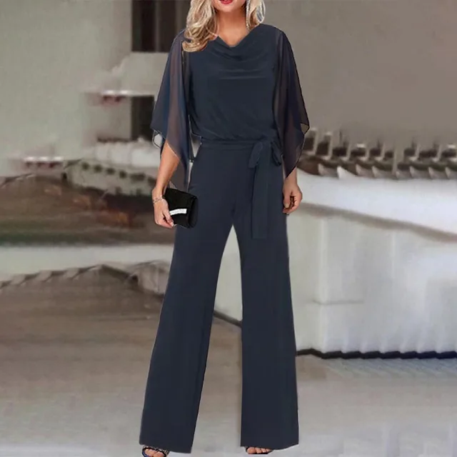 Fashion Solid Color High Waist Lace Up Casual Jumpsuit Straight leg Pants Women Navy Blue - Shop at LoveMi