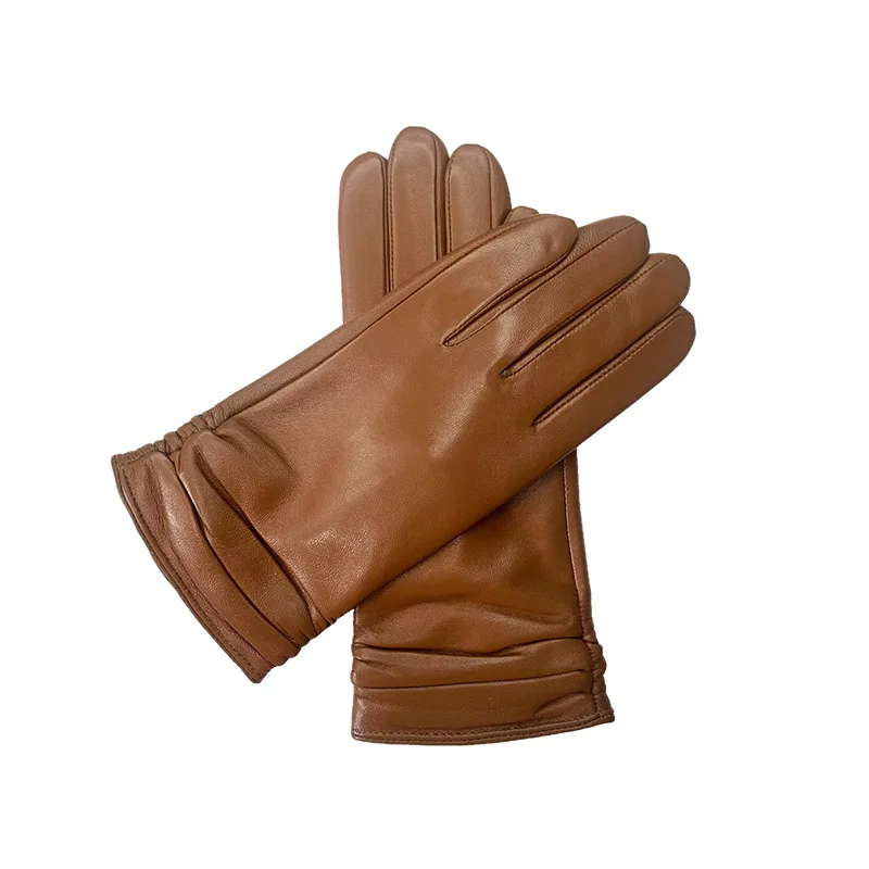 Ladies Color Touch Screen Sheepskin Leather Gloves Winter Outdoors Warm With Velvet Champagne - Shop at LoveMi