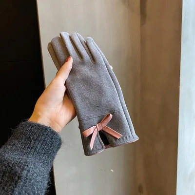 Warm Gloves Winter Women's Korean style Cute Bow Fleece lined Thickened Gray Leather Edge - Shop at LoveMi