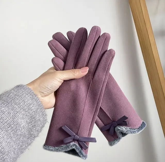 Warm Gloves Winter Women's Korean style Cute Bow Fleece lined Thickened Purple Terry Style - Shop at LoveMi