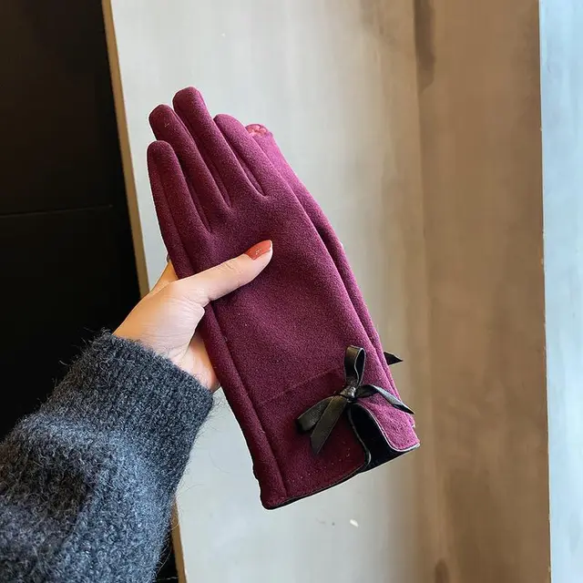 Warm Gloves Winter Women's Korean style Cute Bow Fleece lined Thickened Wine Red Leather Edge - Shop at LoveMi