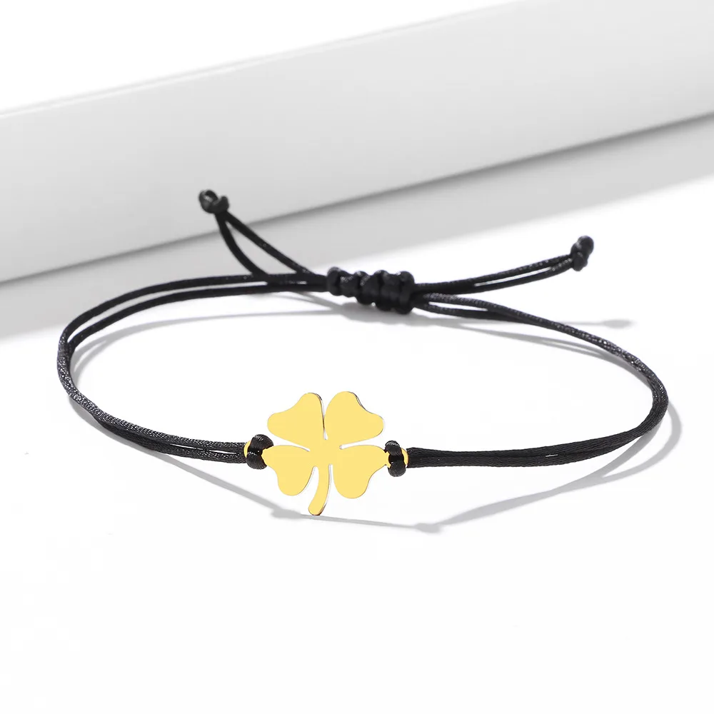 Stainless Steel Bracelet Clover Hand knitted Lucky Black And Red Ropes Fashion Charm Carrying Strap Black Rope Gold - Shop at LoveMi
