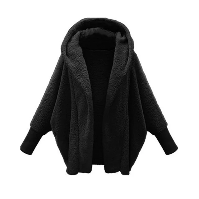 European And American Women's Clothing Solid Color Long Sleeve Hooded Loose Plush Coat Black - Shop at LoveMi