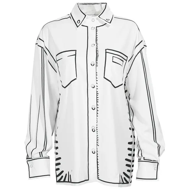 Hand painted Black And White Printing Color Contrast Shirt White - Shop at LoveMi