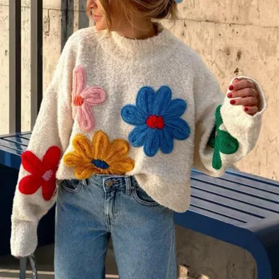 Color Little Flower Women's Machine Embroidery Pullover Sweater White - Shop at LoveMi