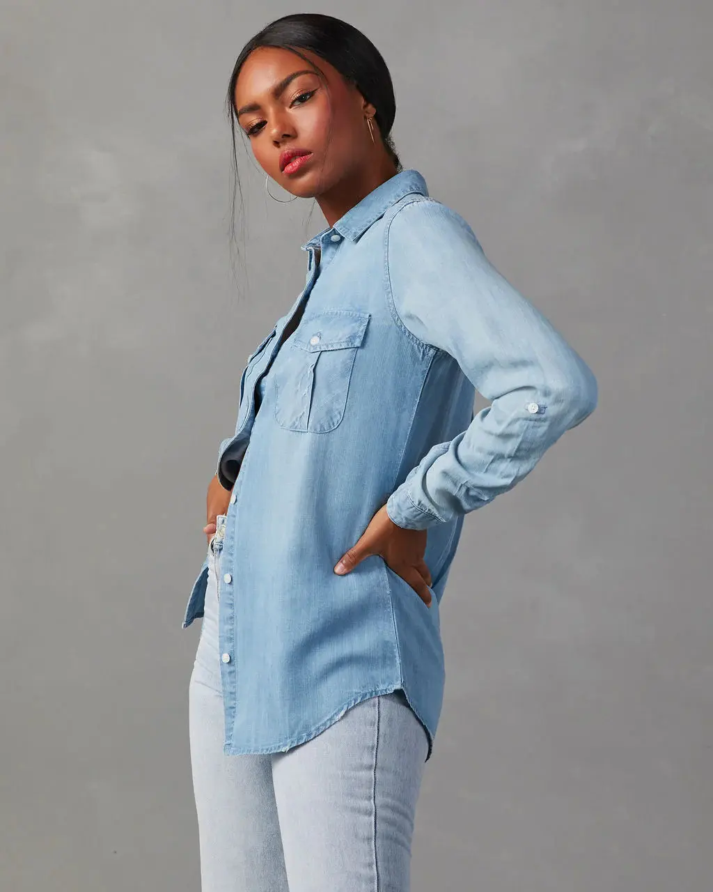 European And American Leisure Lapel Single Breasted Women's Long Sleeve Denim Shirt - Light Blue