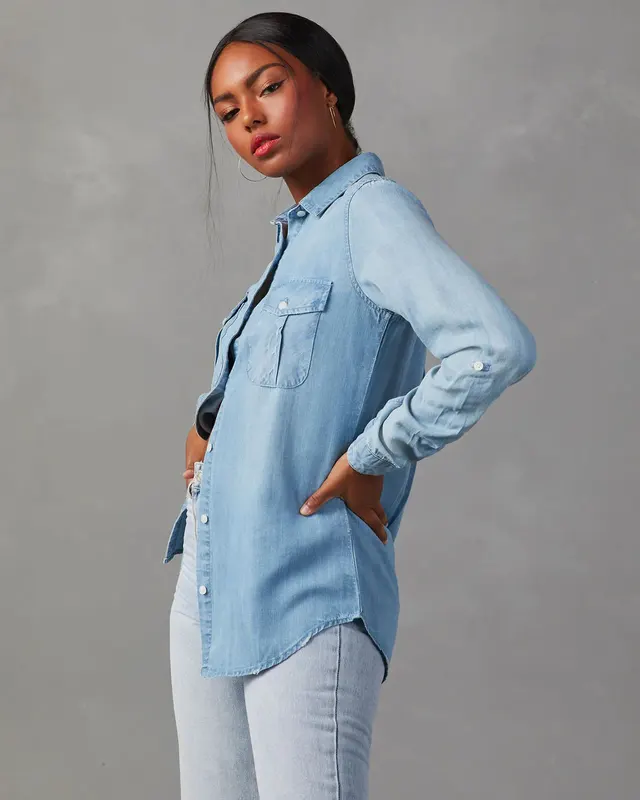 European And American Leisure Lapel Single Breasted Women's Long Sleeve Denim Shirt Light Blue - Shop at LoveMi