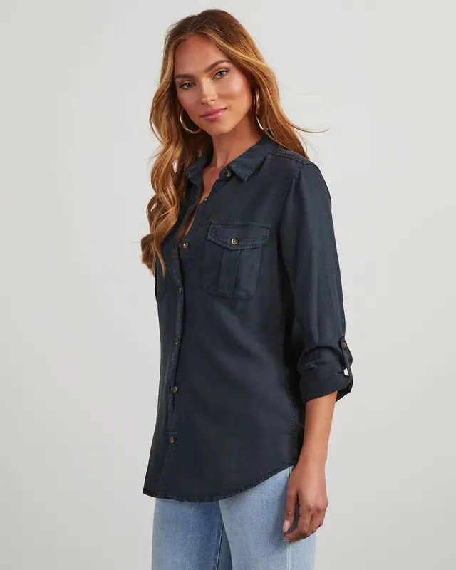 European And American Leisure Lapel Single Breasted Women's Long Sleeve Denim Shirt Navy Blue - Shop at LoveMi