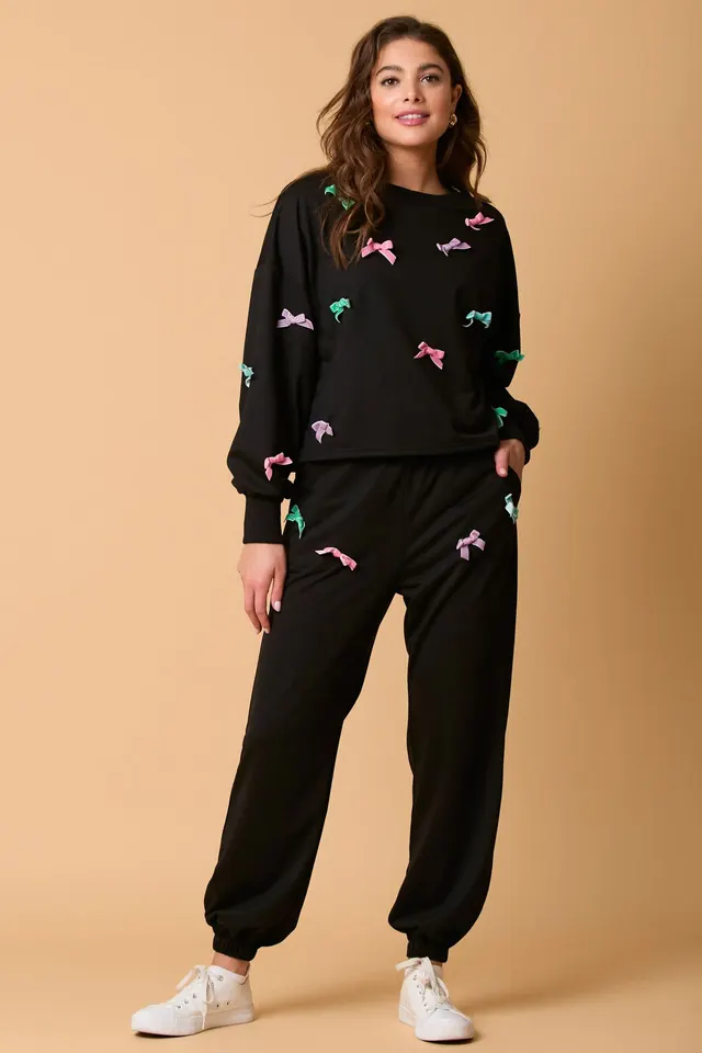 Multi color Bow Decoration Long sleeved Ankle tied Trousers Two piece Suit Black - Shop at LoveMi