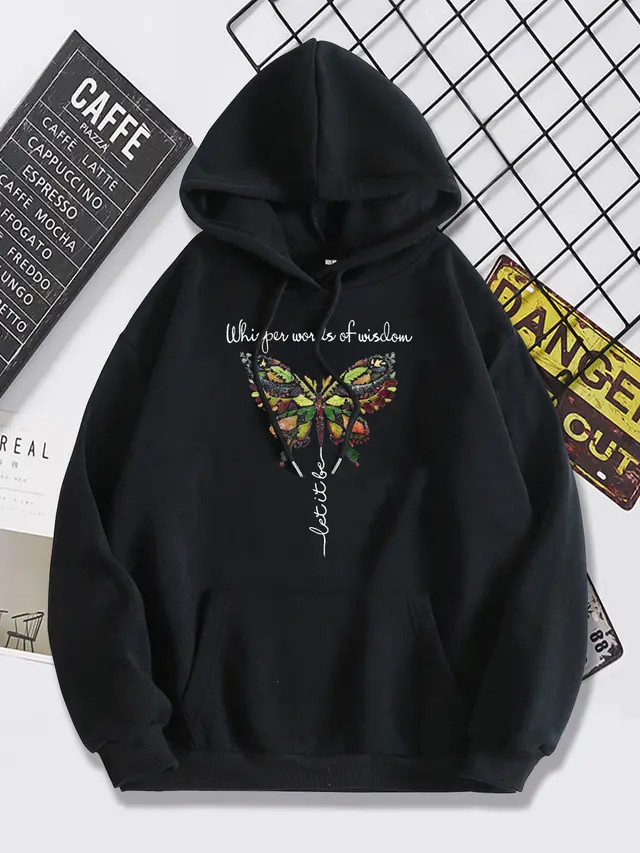 Fashion Butterfly Print Heel Wrapped Collar Brushed Hoody Black - Shop at LoveMi