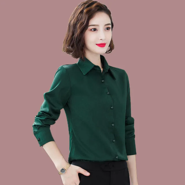 Dark Green Simple Shirt Women's Long sleeved Slim fit Long sleeved White Shirt Dark Green - Shop at LoveMi