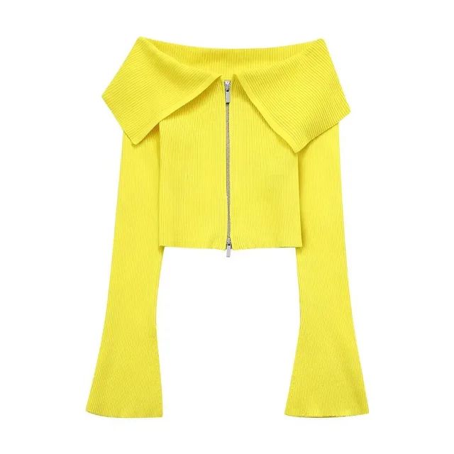 Street Fashion Long Sleeve Knitted Off shoulder Zipper Cardigan Yellow - Shop at LoveMi
