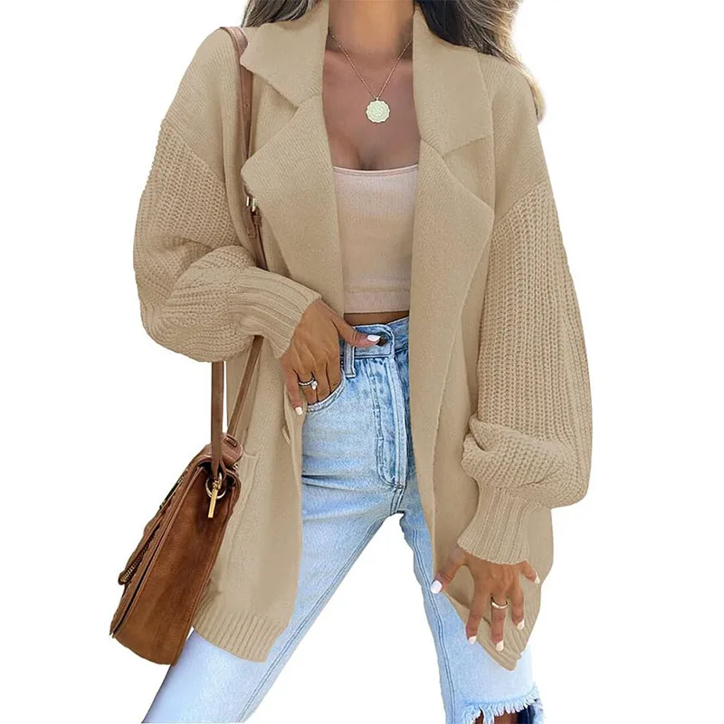 Solid Color Suit Collar Long Sleeve Knitted Coat European And American Khaki - Shop at LoveMi