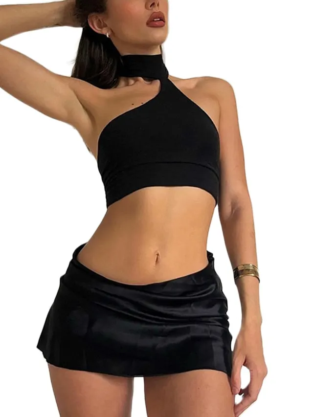Top Short Skirt Suit Navel Hot Two Pieces Suit Black - Shop at LoveMi