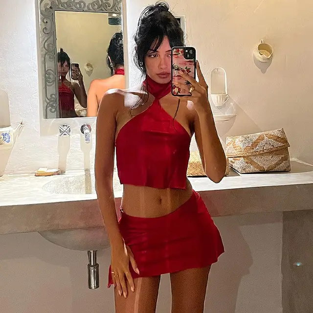 Top Short Skirt Suit Navel Hot Two Pieces Suit Red - Shop at LoveMi