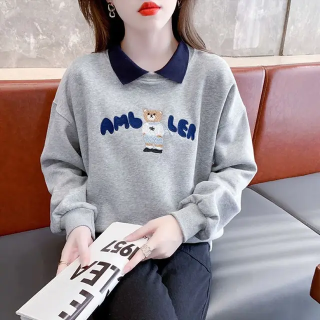 Design Sense Niche Loose Early Autumn Coat Top Gray Blue Bear - Shop at LoveMi