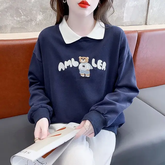 Design Sense Niche Loose Early Autumn Coat Top Navy Blue Blue Bear - Shop at LoveMi