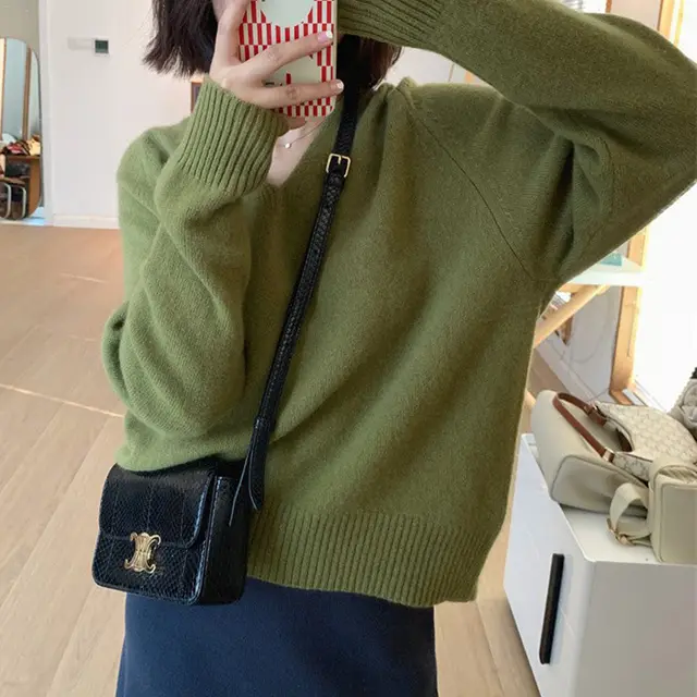 Simple Basic V neck Casual Style Knitwear Soft Glutinous Small Short Bottoming Shirt Sweater Olive Green - Shop at LoveMi