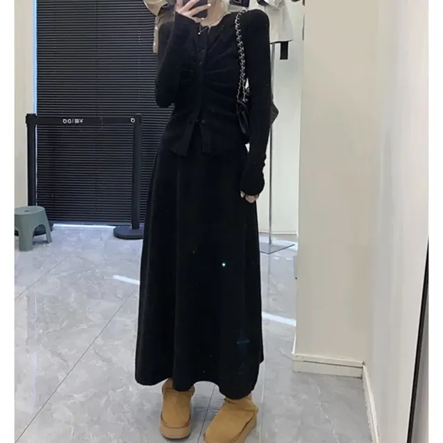 Elegant Pleated High Waist Two piece Set Sweater Suit Black Suit - Shop at LoveMi