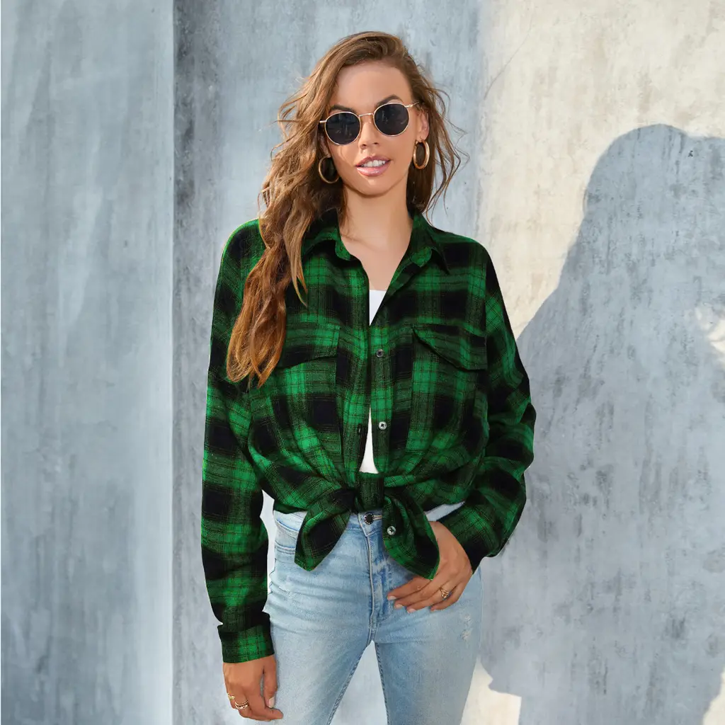 Plus Size Women's Long Sleeve Plaid Button Shirt - Green