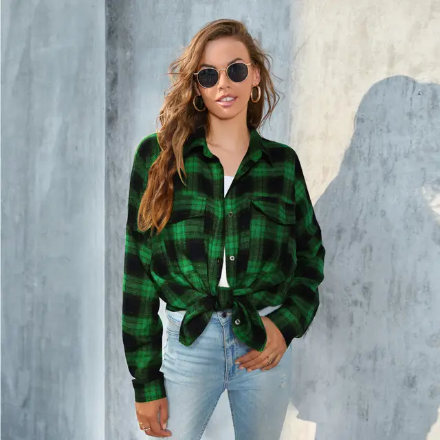 Plus Size Women's Long Sleeve Plaid Button Shirt Green - Shop at LoveMi
