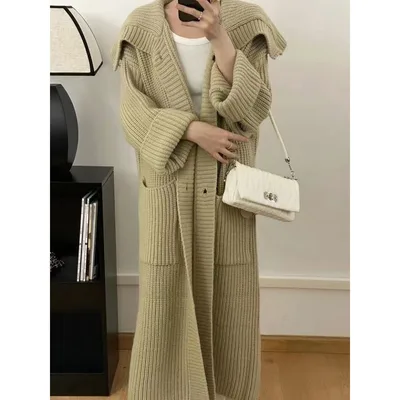Women Autumn And Winter Loose Plus Size Lazy Long Thick New Foreign Trade Knitted Cardigan Yellow - Shop at LoveMi