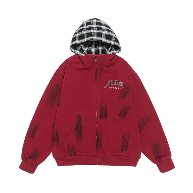 Fake Two piece Color contrast Check Hooded Sweater For Women Red - Shop at LoveMi