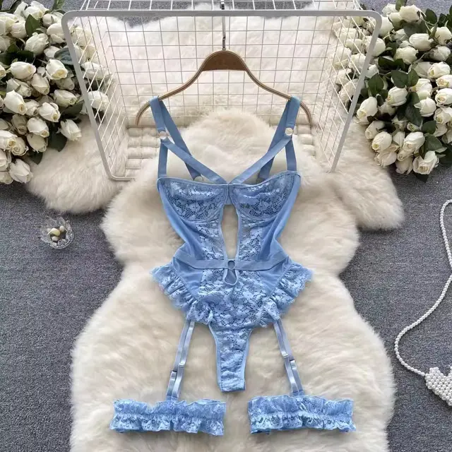 Lace Lace Lace Garter Split See through Strappy Low cut Hollow High Fork Jumpsuit Blue - Shop at LoveMi