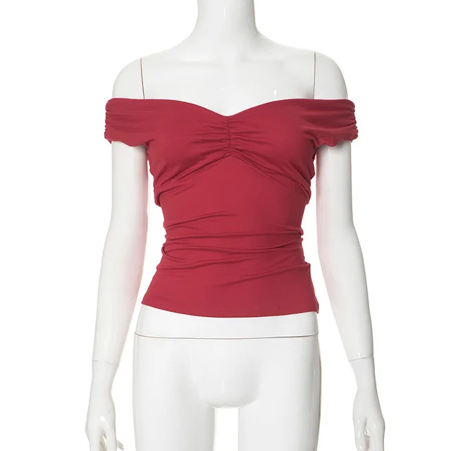 New Solid Color V neck Sleeveless Pleated Camisole T shirt Top Red - Shop at LoveMi