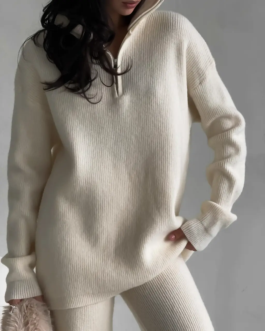 Fashion Women's Half Zipper Lapel Knitted Suit - Apricot