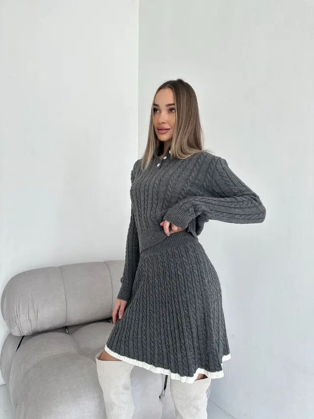 Long Sleeve Knitted Button Sweater Dress Suit Women Gray Grey - Shop at LoveMi