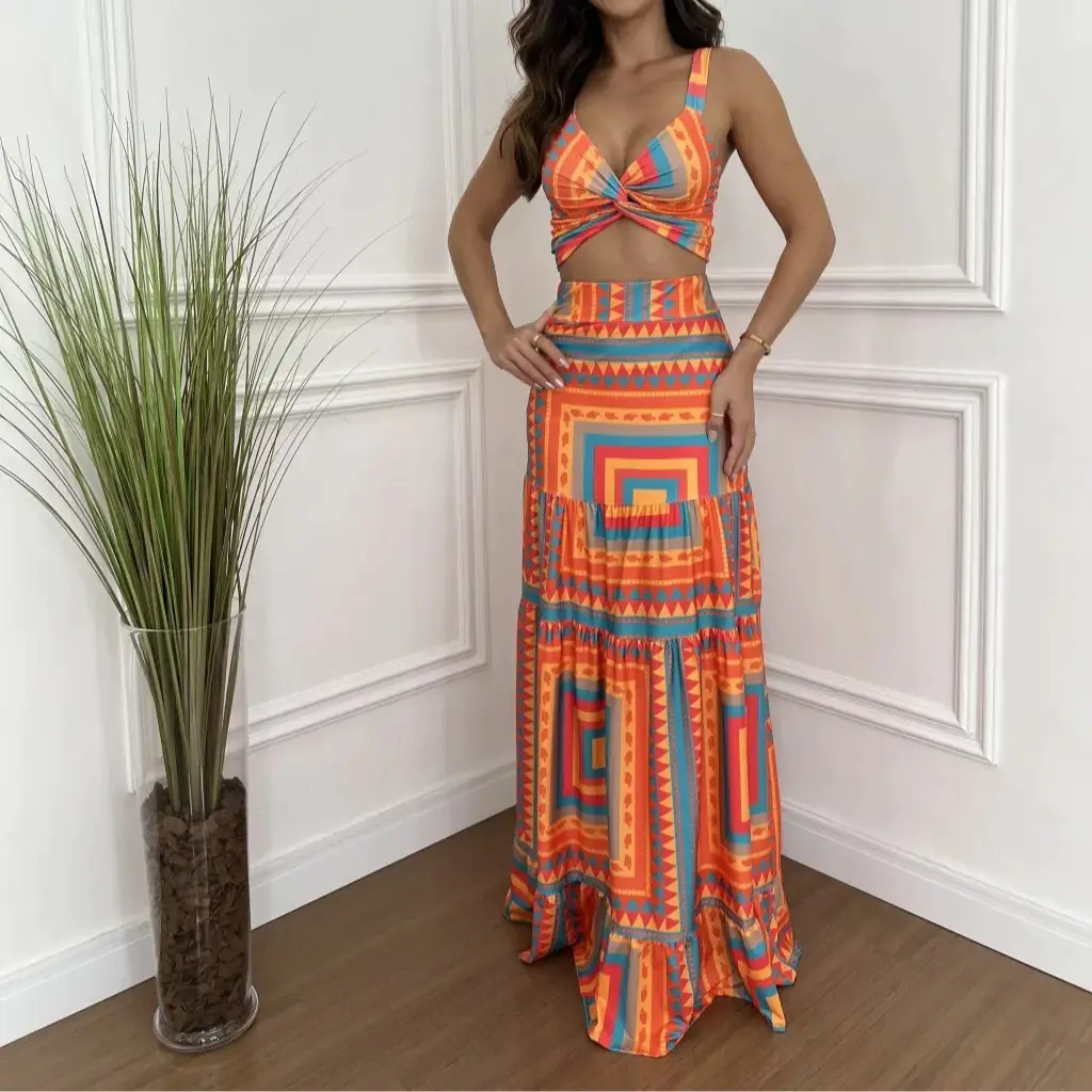 Casual Fashion Printed Color Dress Suit - Orange - View 1