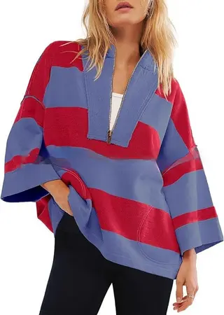 Women's Oversized Striped Shirt Half Zip Sweatshirt Color Matching - Red And Blue Stripe