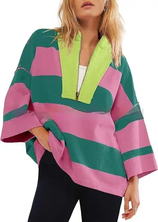 Women's Oversized Striped Shirt Half Zip Sweatshirt Color Matching - Red And Green