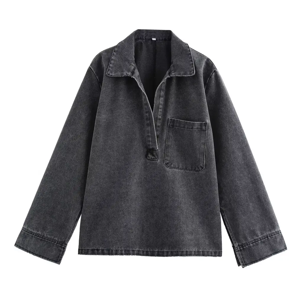 Women's Washed Blue Denim Top And Trousers - Gray Coat