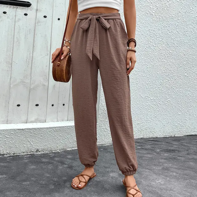 Lace up Trousers European And American High Waist Casual Jogger Pants Coffee Brown - Shop at LoveMi