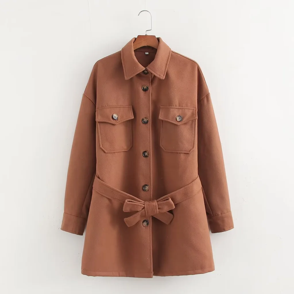 European And American Solid Color Shirt Belt Woolen Coat