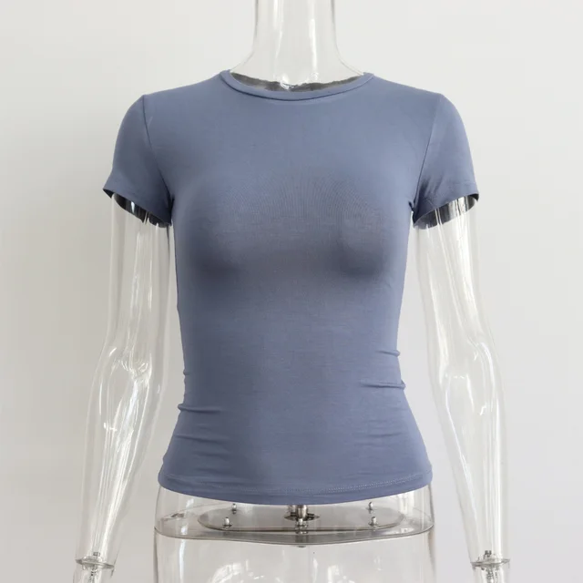Basic Style Round Neck Short Sleeve Women's Tight Sexy Blue - Shop at LoveMi