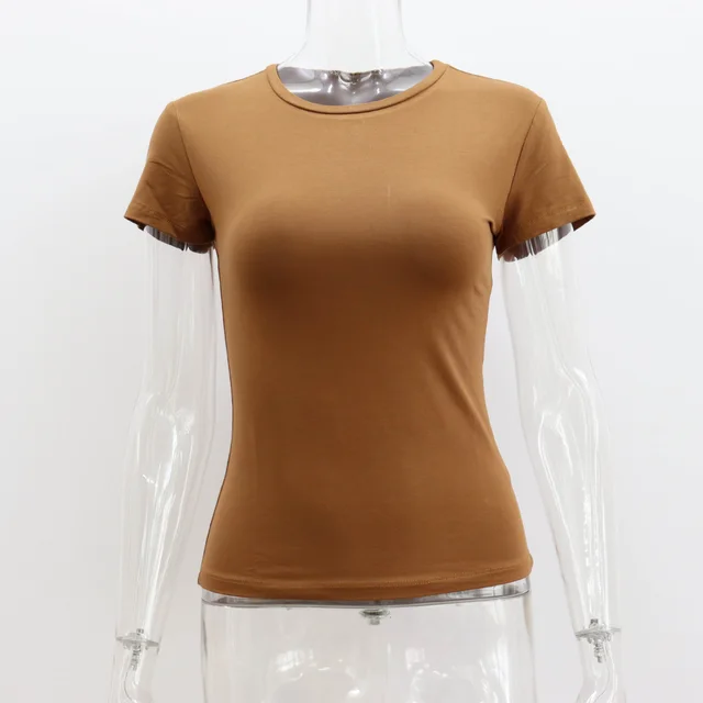 Basic Style Round Neck Short Sleeve Women's Tight Sexy Brown - Shop at LoveMi