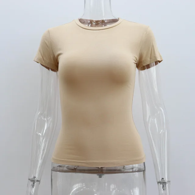 Basic Style Round Neck Short Sleeve Women's Tight Sexy Khaki - Shop at LoveMi