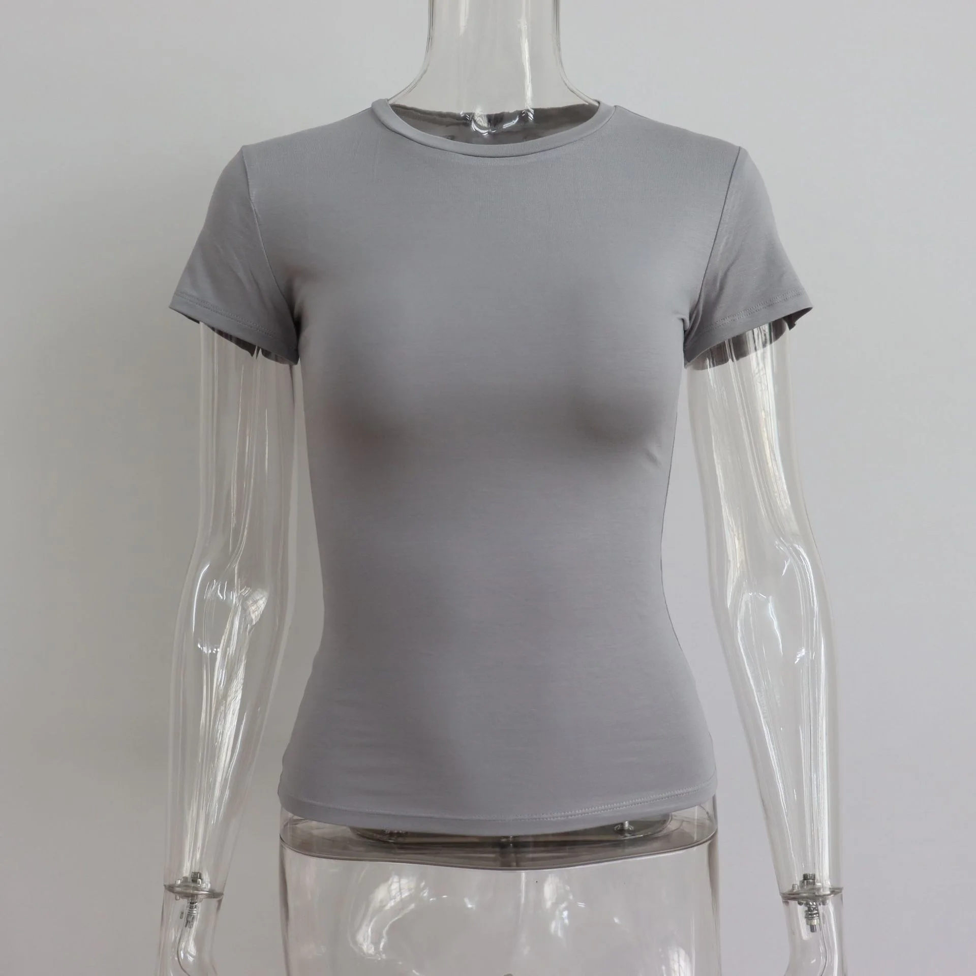 Basic Style Round Neck Short Sleeve Women's Tight Sexy - Light Grey